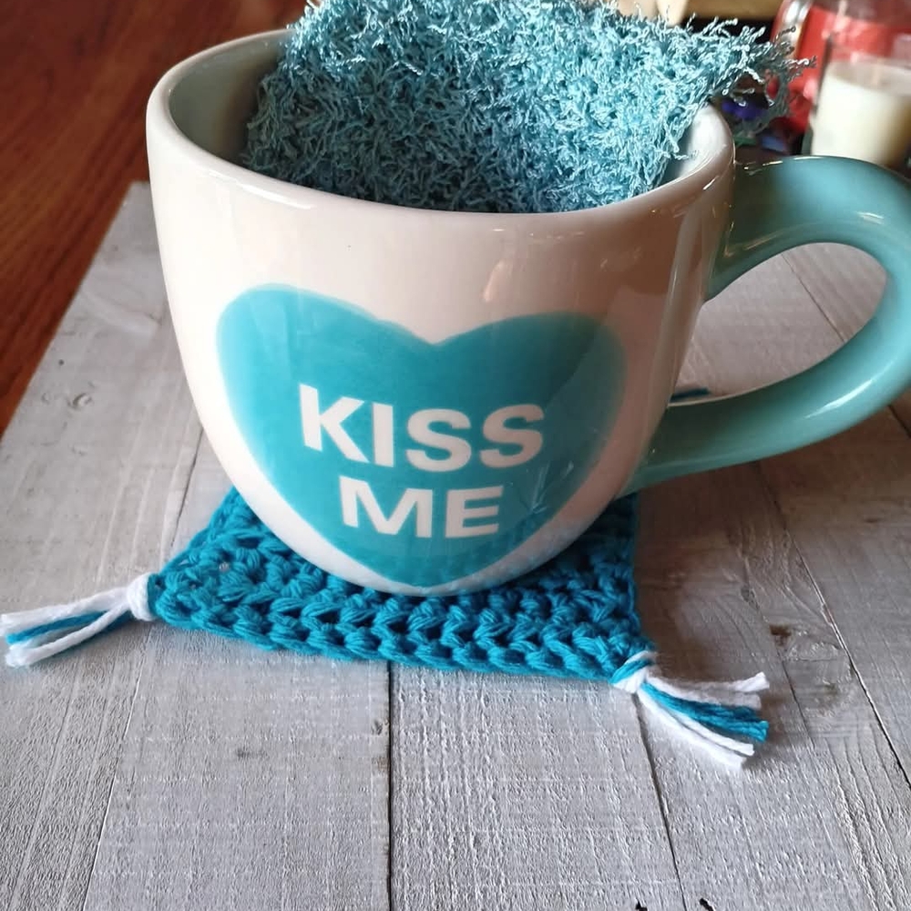 Blue 'Kiss Me' Mug, hand crocheted "Mug rug" (Coaster) and scrub pad For dishes.